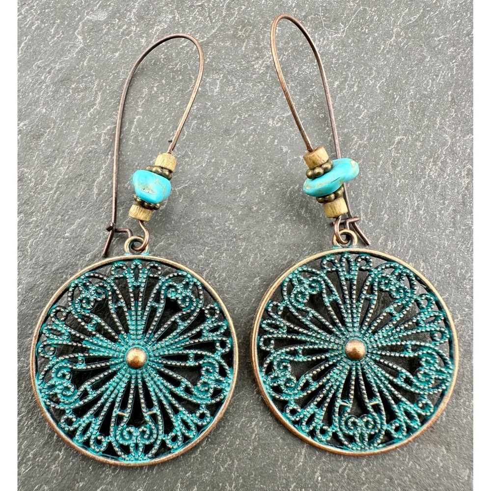 Wagon Wheel Patina Earrings‎ Turquoise Copper Alloy NEW